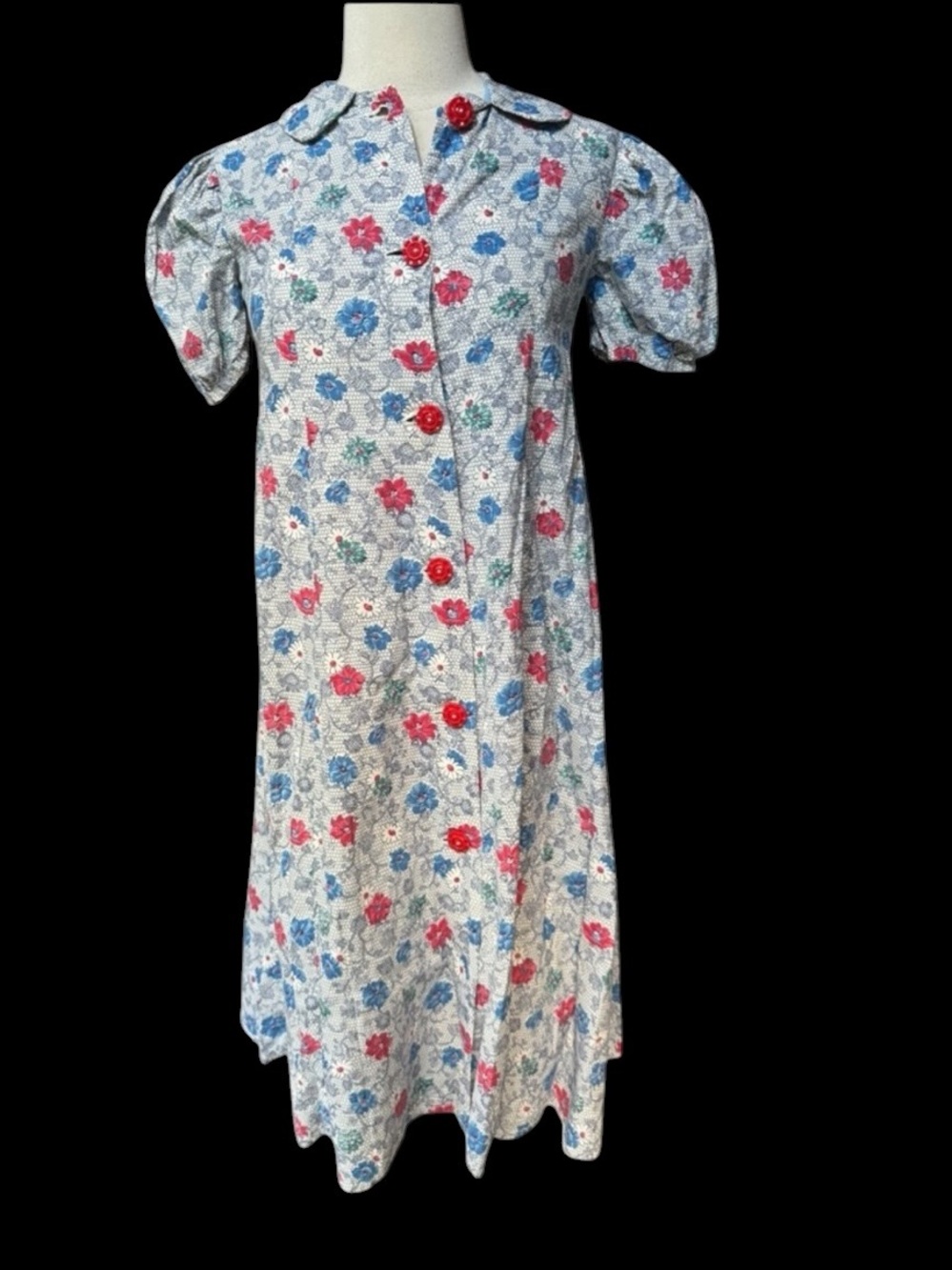 1940s Cotton, Floral, Puff Sleeves, Button Down Midi Dress